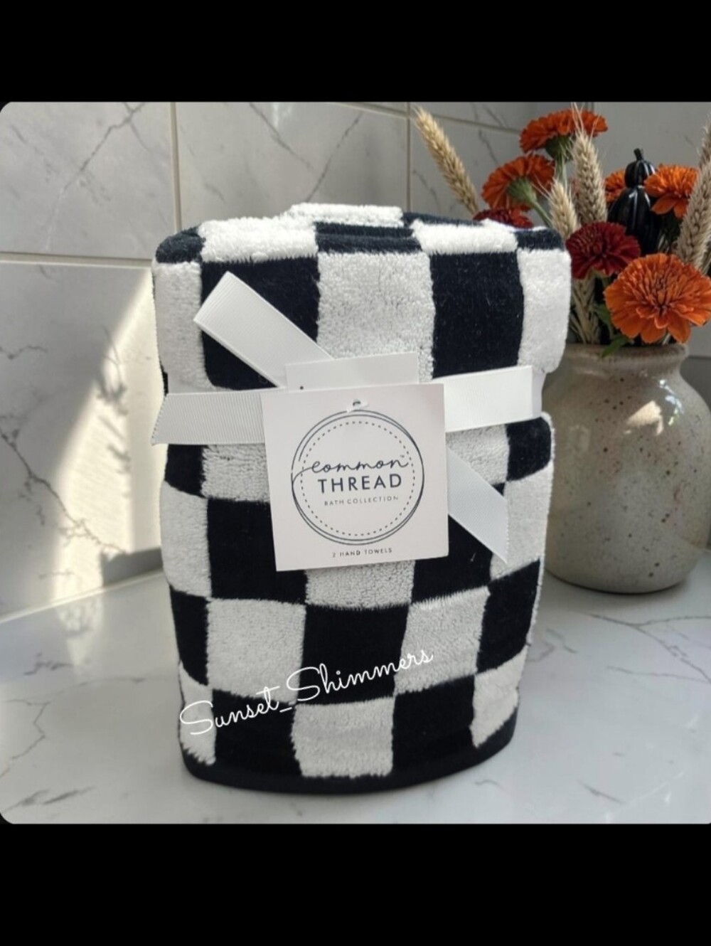 2pc COMMON THREAD Mackenzie Style Black White Courtly Check HAND TOWEL SET NEW
